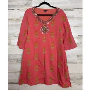 J. Peterman women small coral beaded floral tunic top blouse lined dress boho
